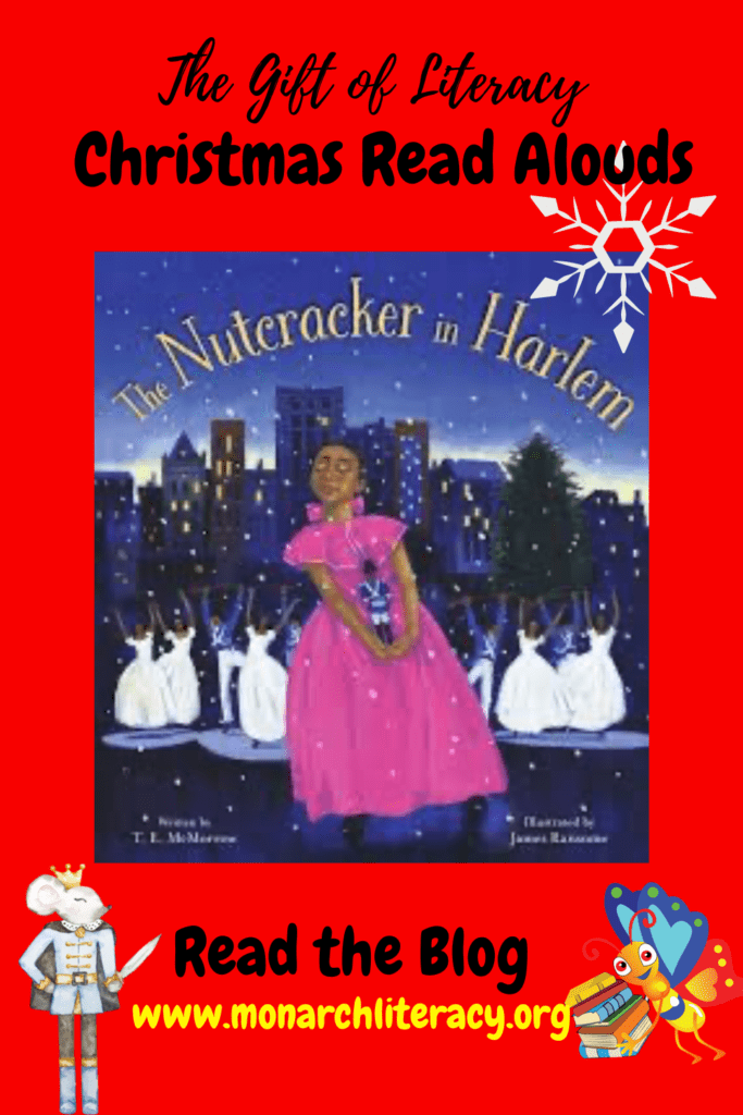 A best Christmas read aloud book with a black girl standing in the Harlem NY city holding a nutcracker