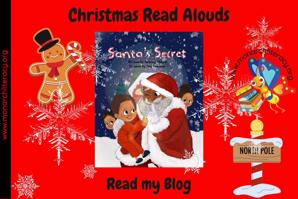 Picture books read aloud with a black Santa and black child hugging on a Christmas Read Aloud cover