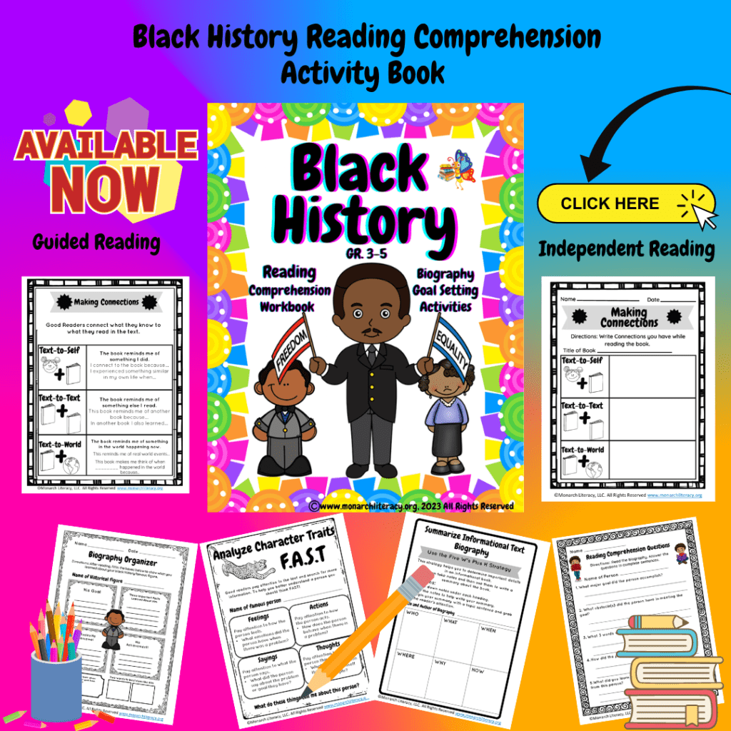 Black History Famous Figures Workbook with guided reading and independent reading worksheets